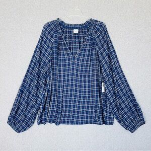 Old Navy Womens Top XL Tall Blue Plaid Long Sleeve Pull Over Blouse Boho New